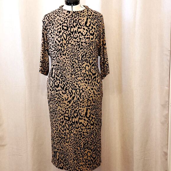 Chico's Cheetah Print Mock Neck Midi Shift Stretch Dress | Size 3 (16/18) | NWT - Picture 3 of 10